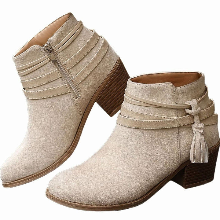 Women's Boho Tassel-Strap Block Heel Suede Ankle Boots - Beige