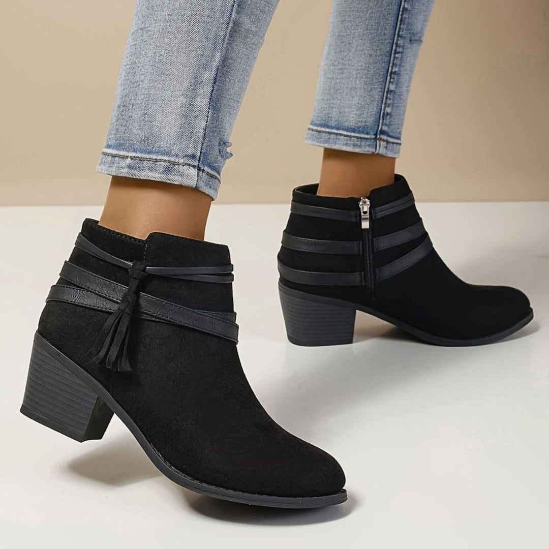 Women's Boho Tassel-Strap Block Heel Suede Ankle Boots