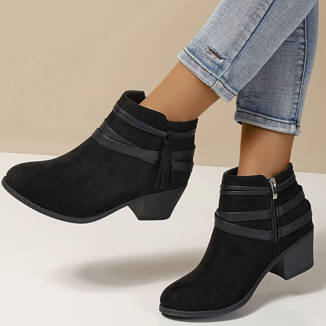Women's Boho Tassel-Strap Block Heel Suede Ankle Boots - Black