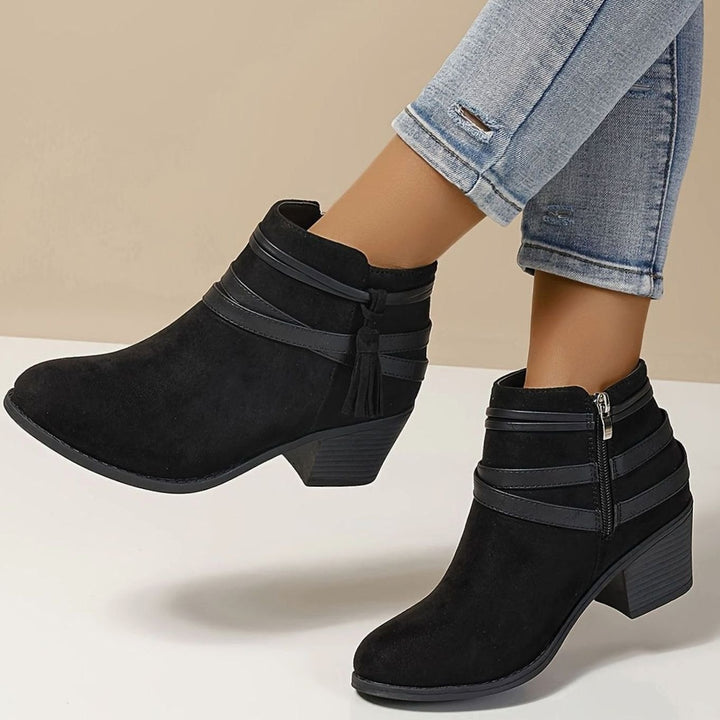 Women's Boho Tassel-Strap Block Heel Suede Ankle Boots - Black