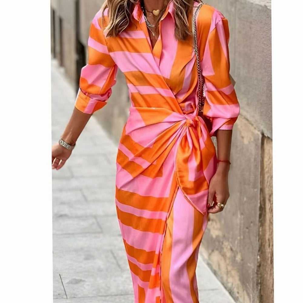 Women's Bold Striped Long-Sleeve Wrap Midi Shirt Dress