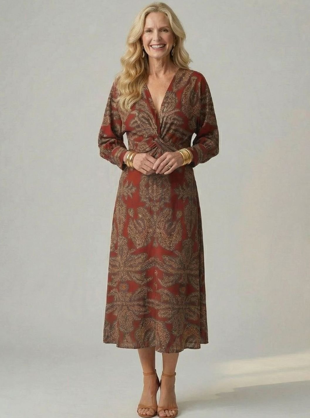 Women's Botanical Print Twist-Front Long Sleeve Midi Dress