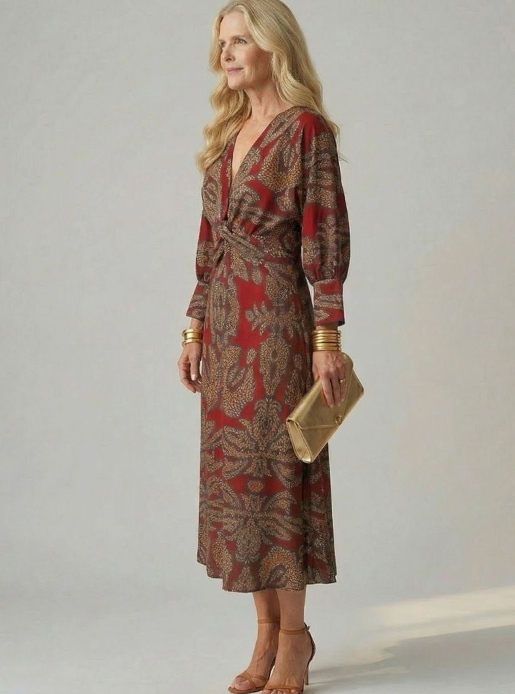 Women's Botanical Print Twist-Front Long Sleeve Midi Dress