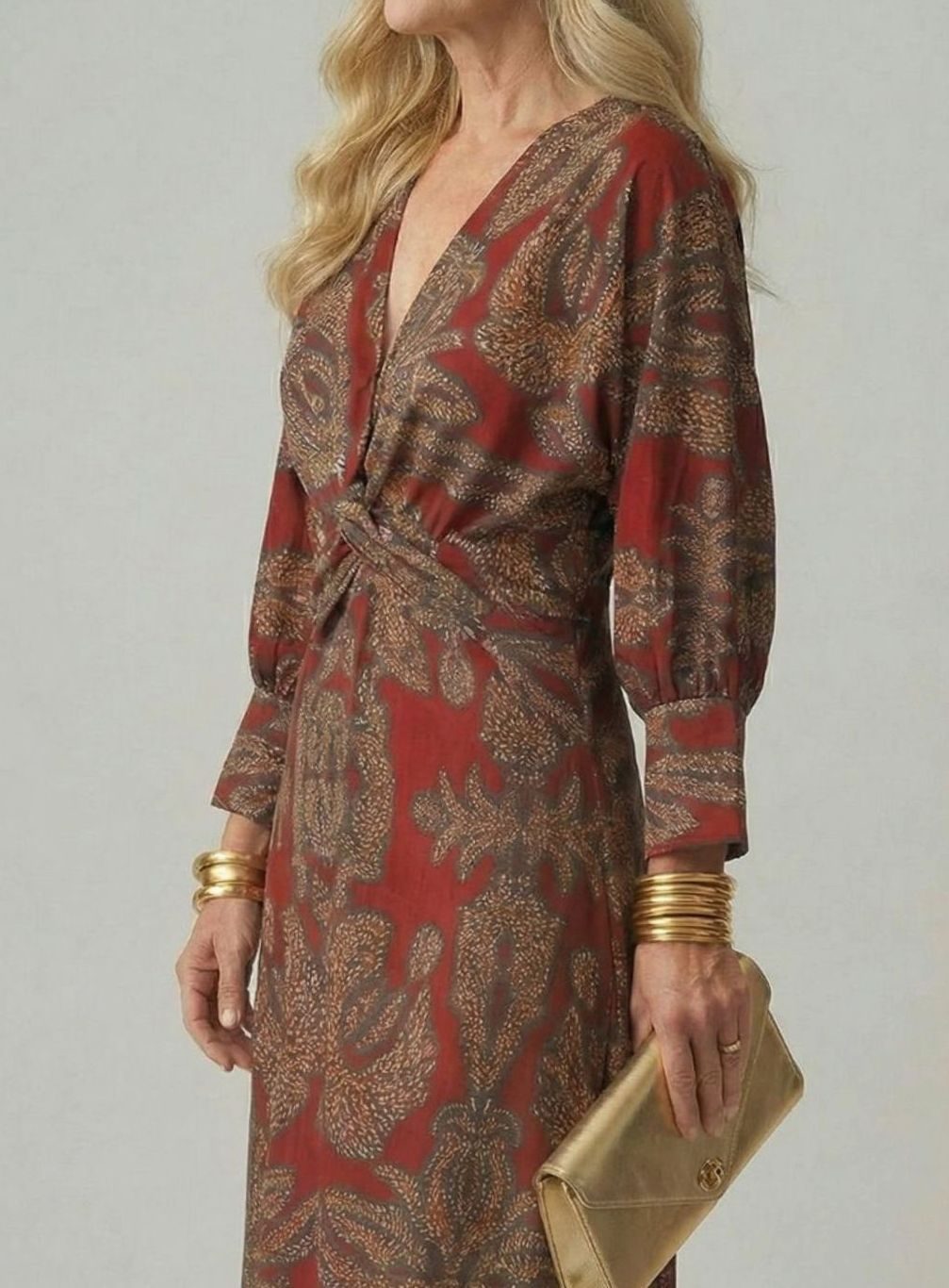 Women's Botanical Print Twist-Front Long Sleeve Midi Dress