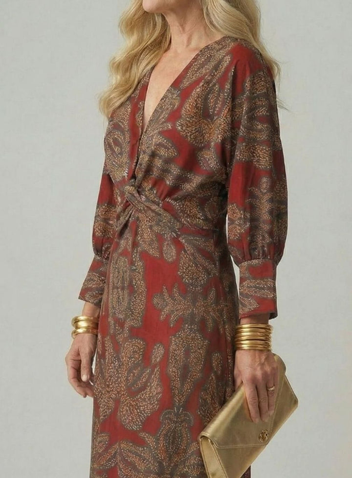 Women's Botanical Print Twist-Front Long Sleeve Midi Dress