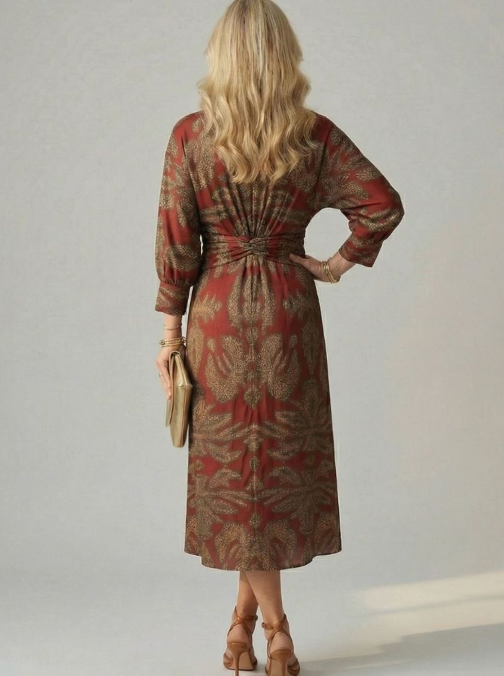 Women's Botanical Print Twist-Front Long Sleeve Midi Dress