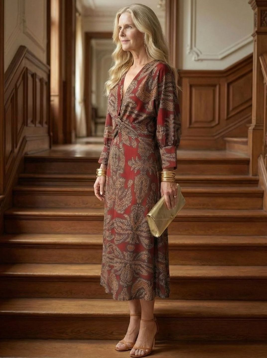 Women's Botanical Print Twist-Front Long Sleeve Midi Dress