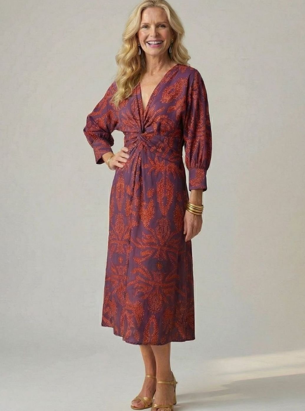 Women's Botanical Print Twist-Front Long Sleeve Midi Dress
