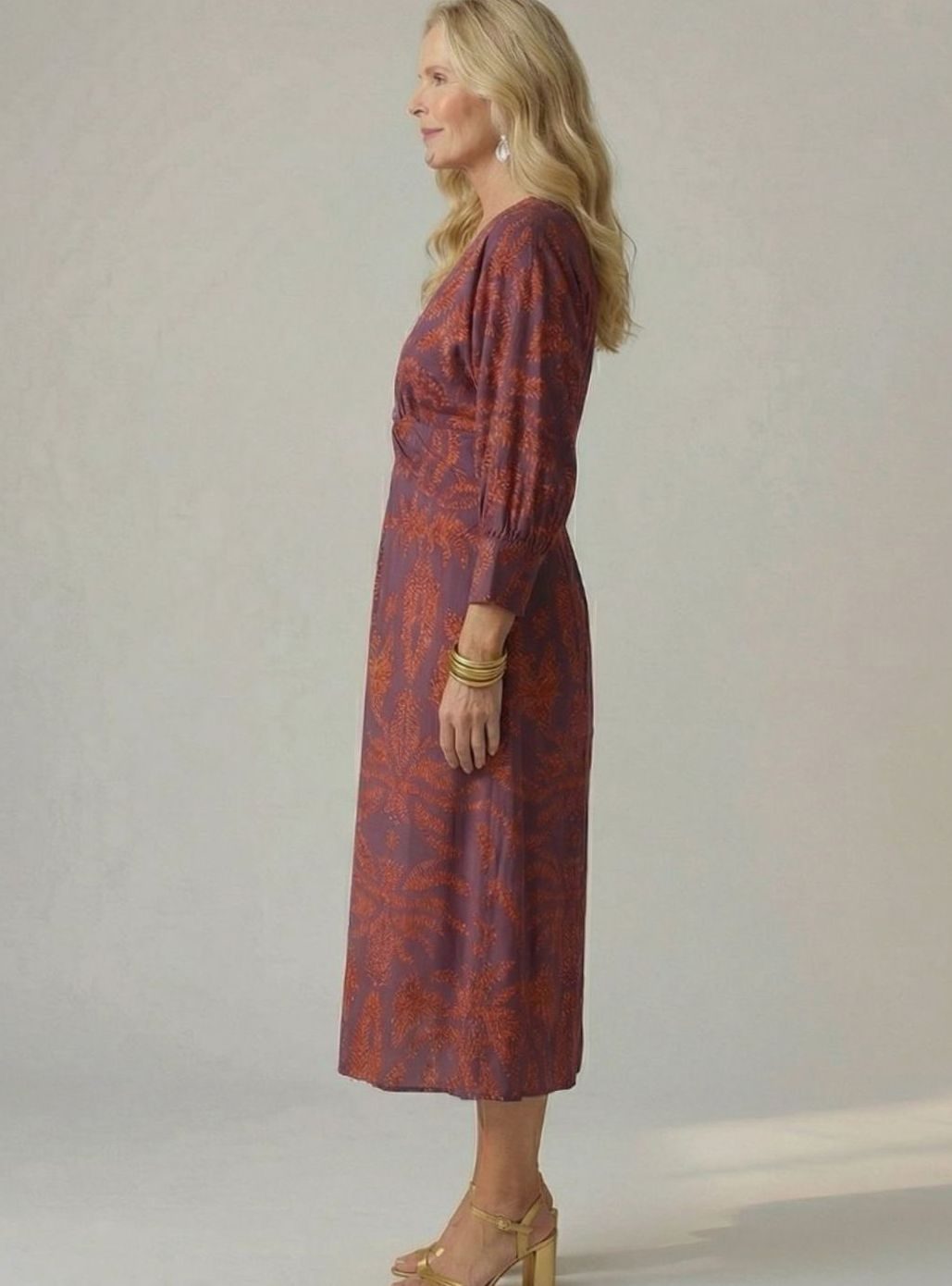 Women's Botanical Print Twist-Front Long Sleeve Midi Dress