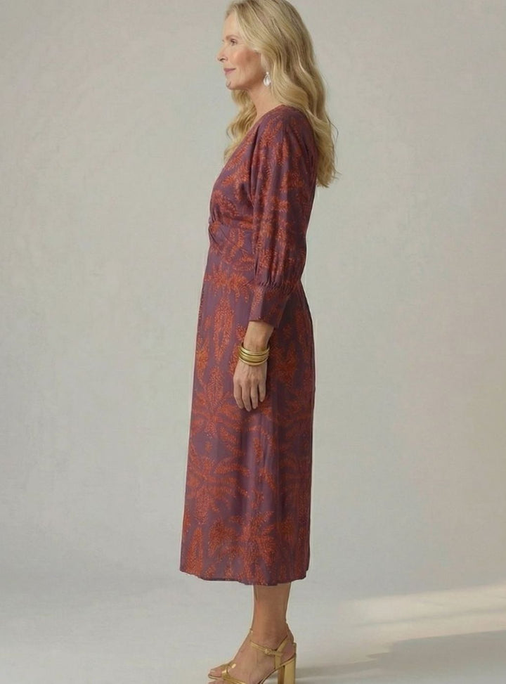Women's Botanical Print Twist-Front Long Sleeve Midi Dress