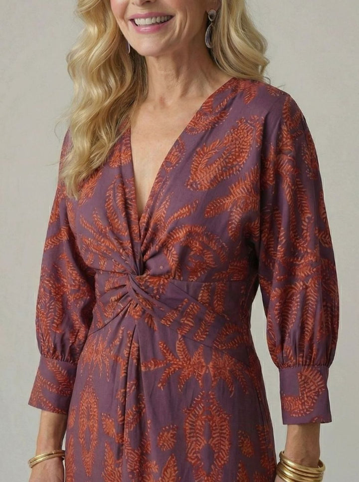 Women's Botanical Print Twist-Front Long Sleeve Midi Dress