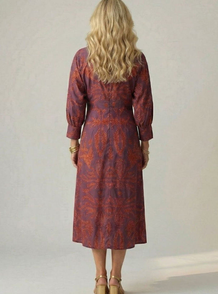 Women's Botanical Print Twist-Front Long Sleeve Midi Dress