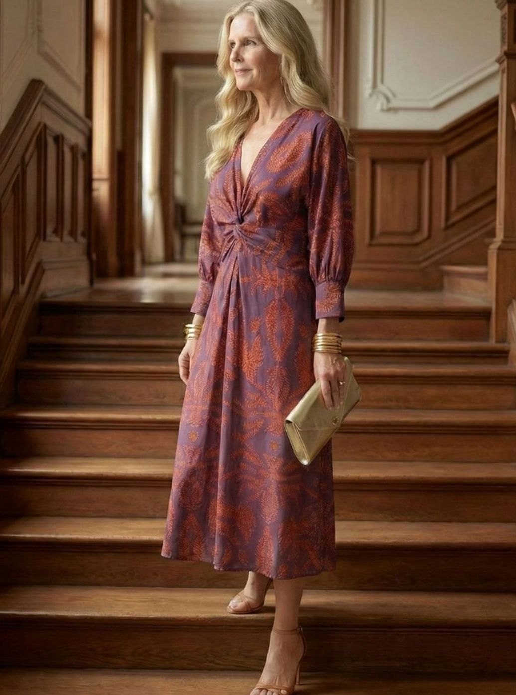 Women's Botanical Print Twist-Front Long Sleeve Midi Dress