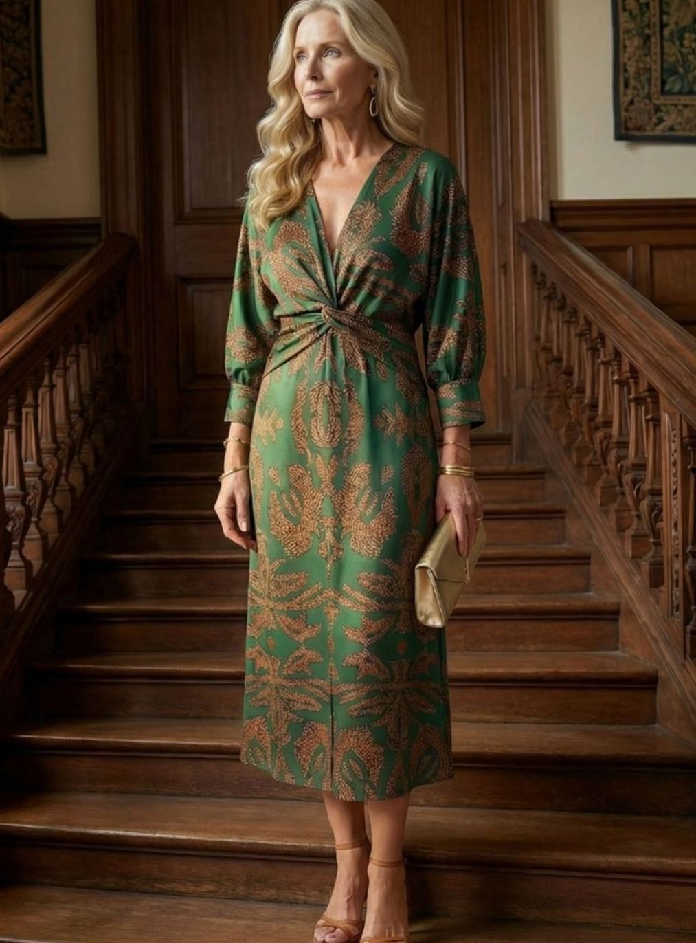 Women's Botanical Print Twist-Front Long Sleeve Midi Dress