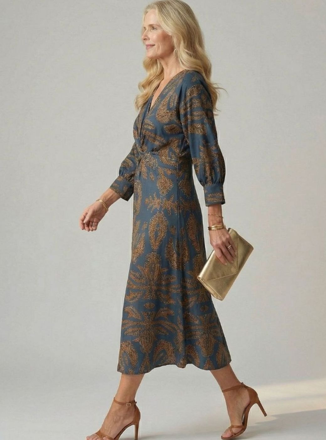 Women's Botanical Print Twist-Front Long Sleeve Midi Dress