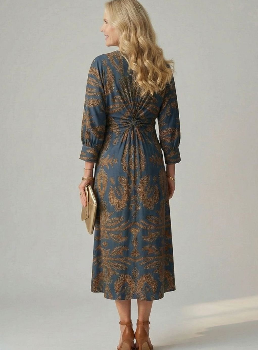 Women's Botanical Print Twist-Front Long Sleeve Midi Dress