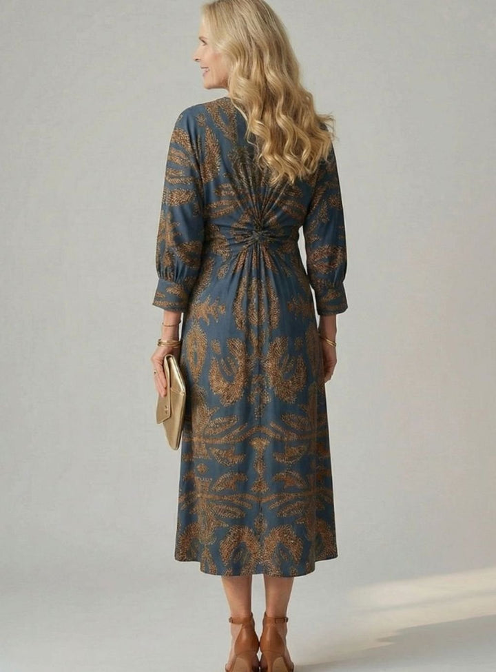 Women's Botanical Print Twist-Front Long Sleeve Midi Dress