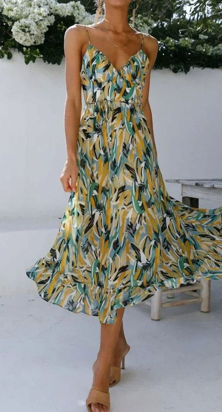 Women's Botanical Print V-Neck Spaghetti Strap Midi Slip Dress