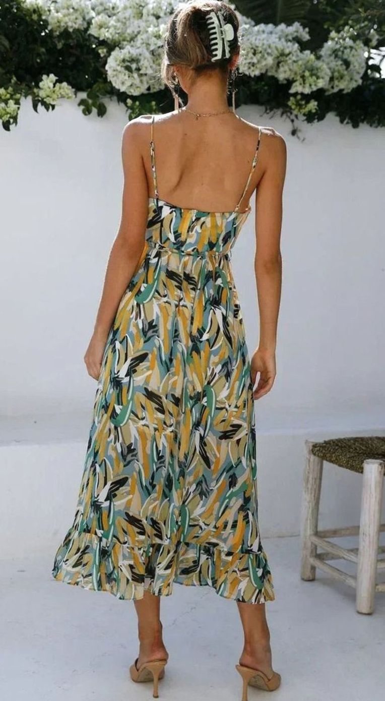Women's Botanical Print V-Neck Spaghetti Strap Midi Slip Dress