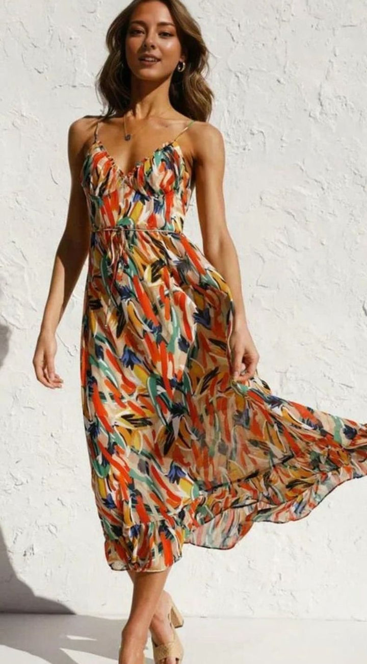 Women's Botanical Print V-Neck Spaghetti Strap Midi Slip Dress