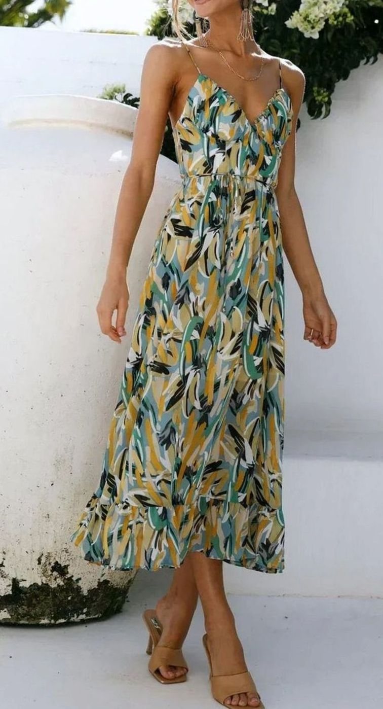 Women's Botanical Print V-Neck Spaghetti Strap Midi Slip Dress
