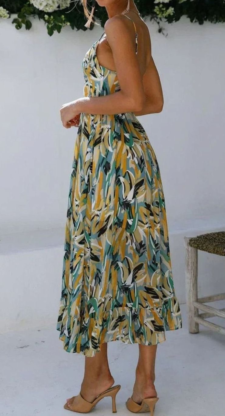 Women's Botanical Print V-Neck Spaghetti Strap Midi Slip Dress