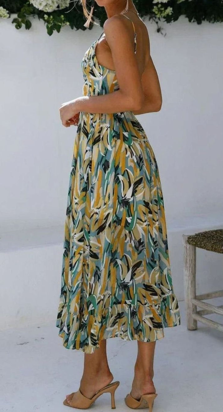 Women's Botanical Print V-Neck Spaghetti Strap Midi Slip Dress