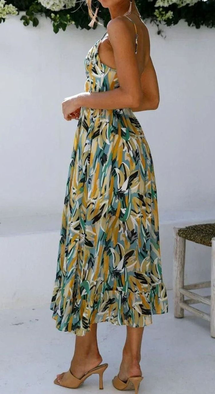Women's Botanical Print V-Neck Spaghetti Strap Midi Slip Dress