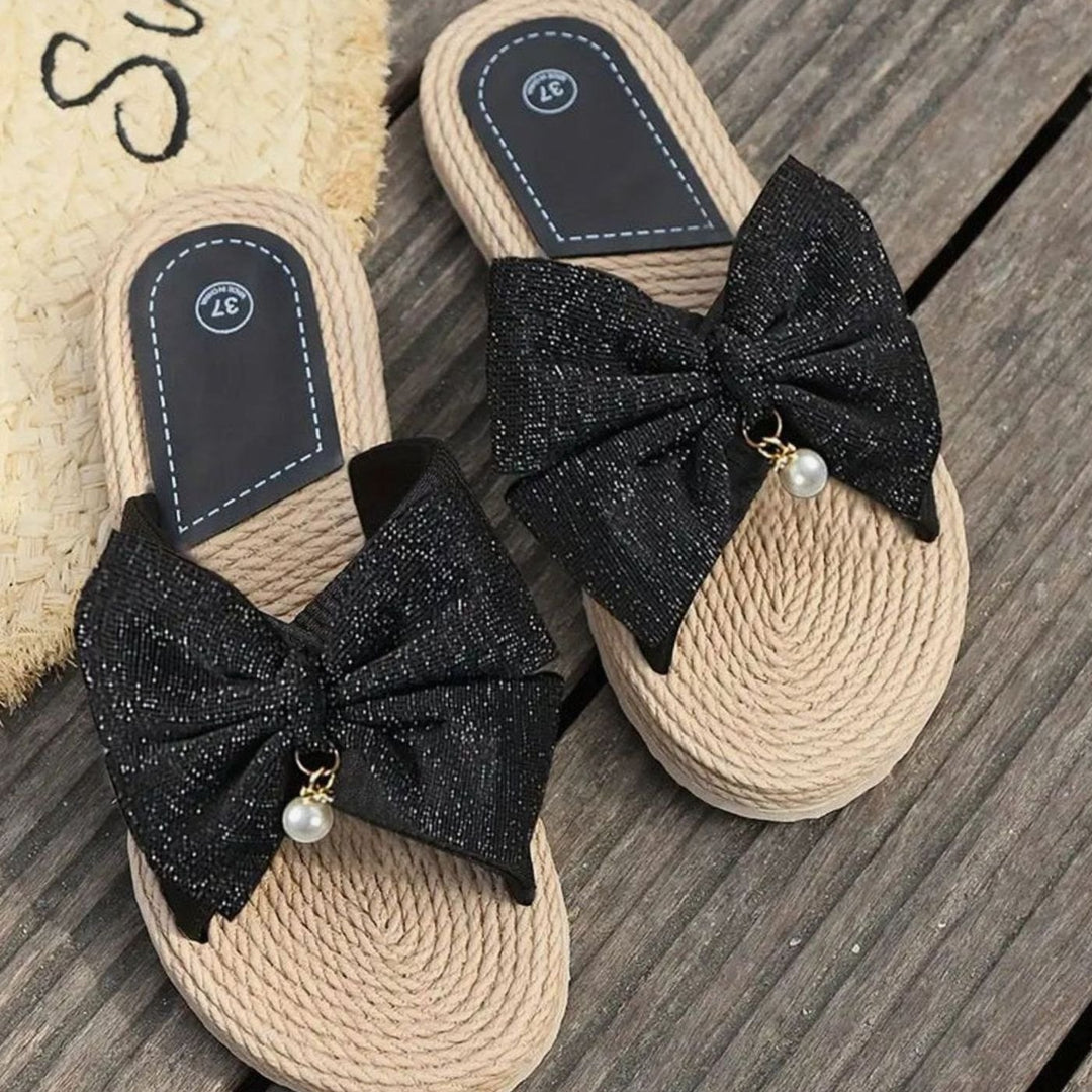 Women's Bow-Detail Flat Slip-On Espadrille Slippers Pearl Accent