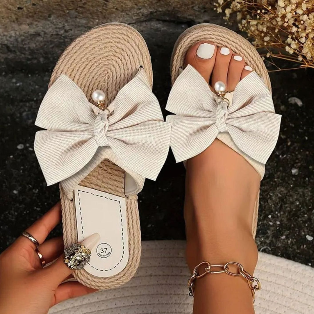 Women's Bow-Detail Flat Slip-On Espadrille Slippers Pearl Accent