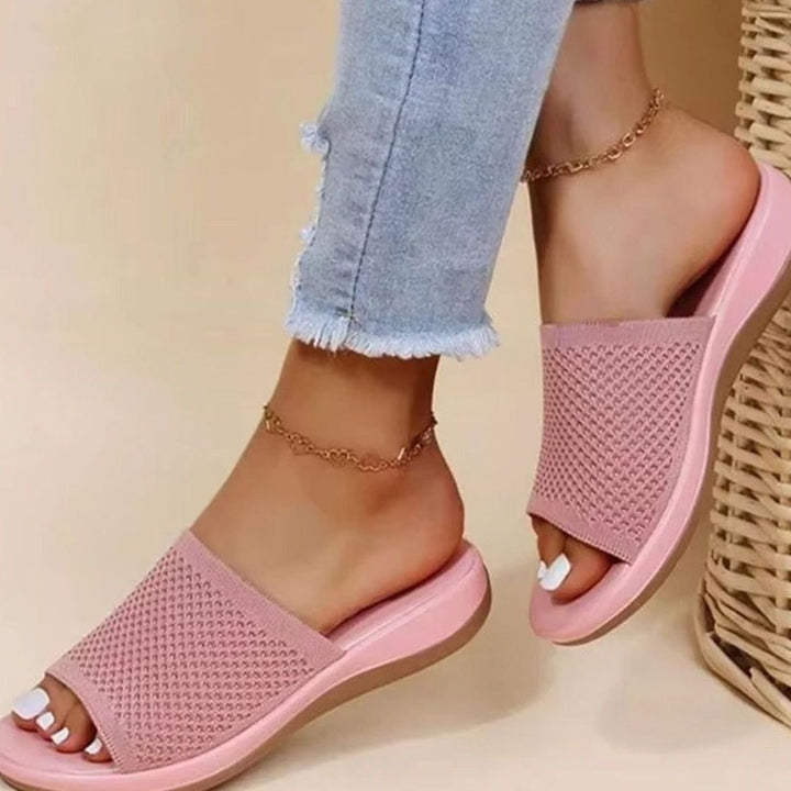 Women's Breathable Knit Open-Toe Slip-On Backless Flat Mules