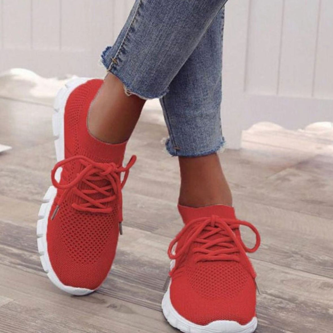 Women's Breathable Mesh Lace-Up Lightweight Trainers - Red