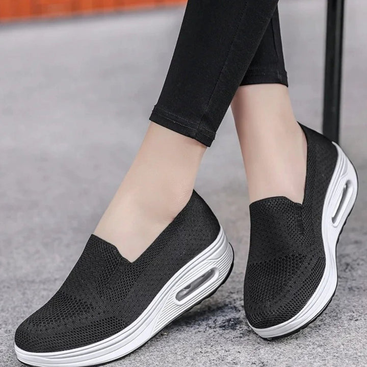 Women's Breathable Mesh Slip-On Platform Trainers - Black