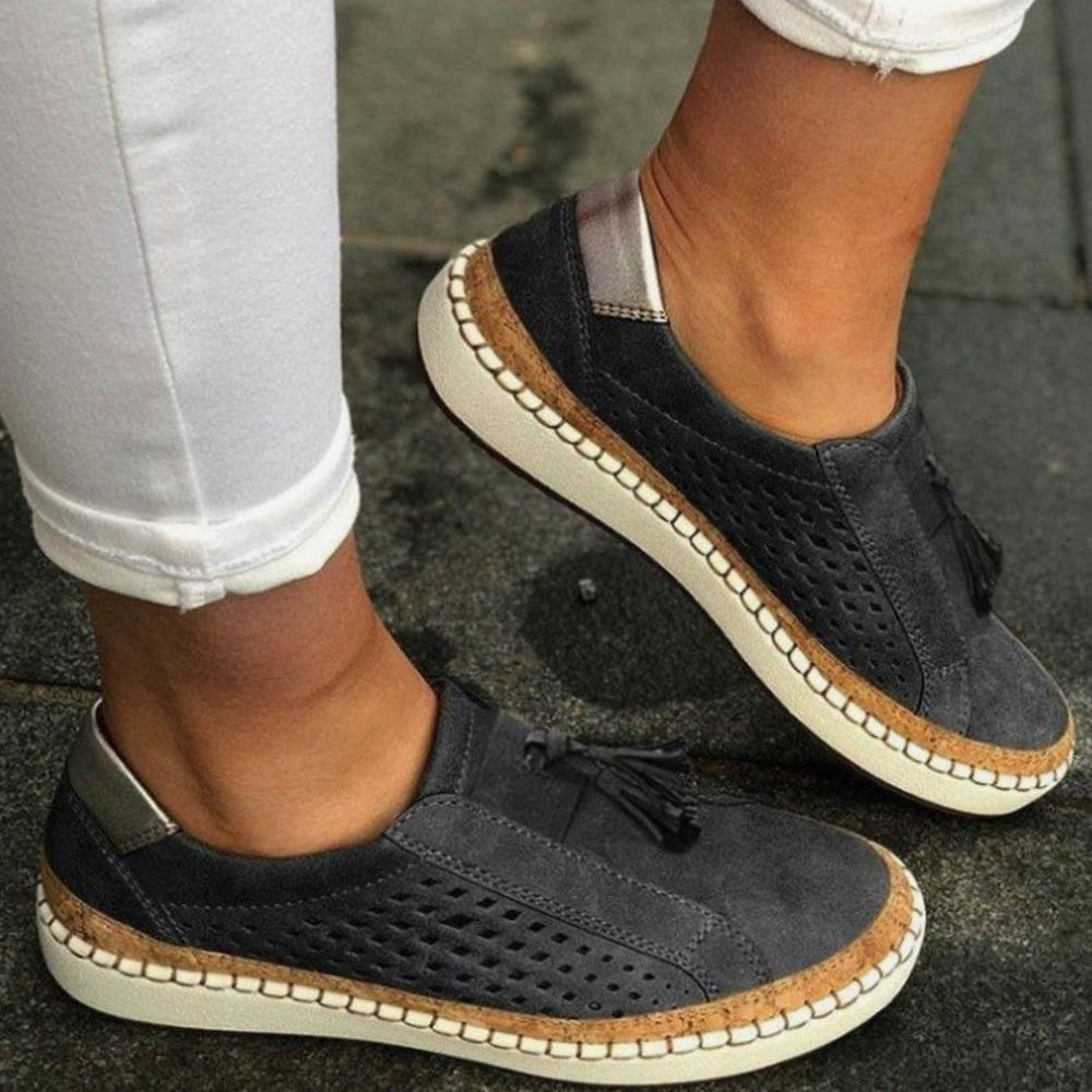 Women's Breathable Slip-On Orthopedic Tassel Flatform Trainers - Black