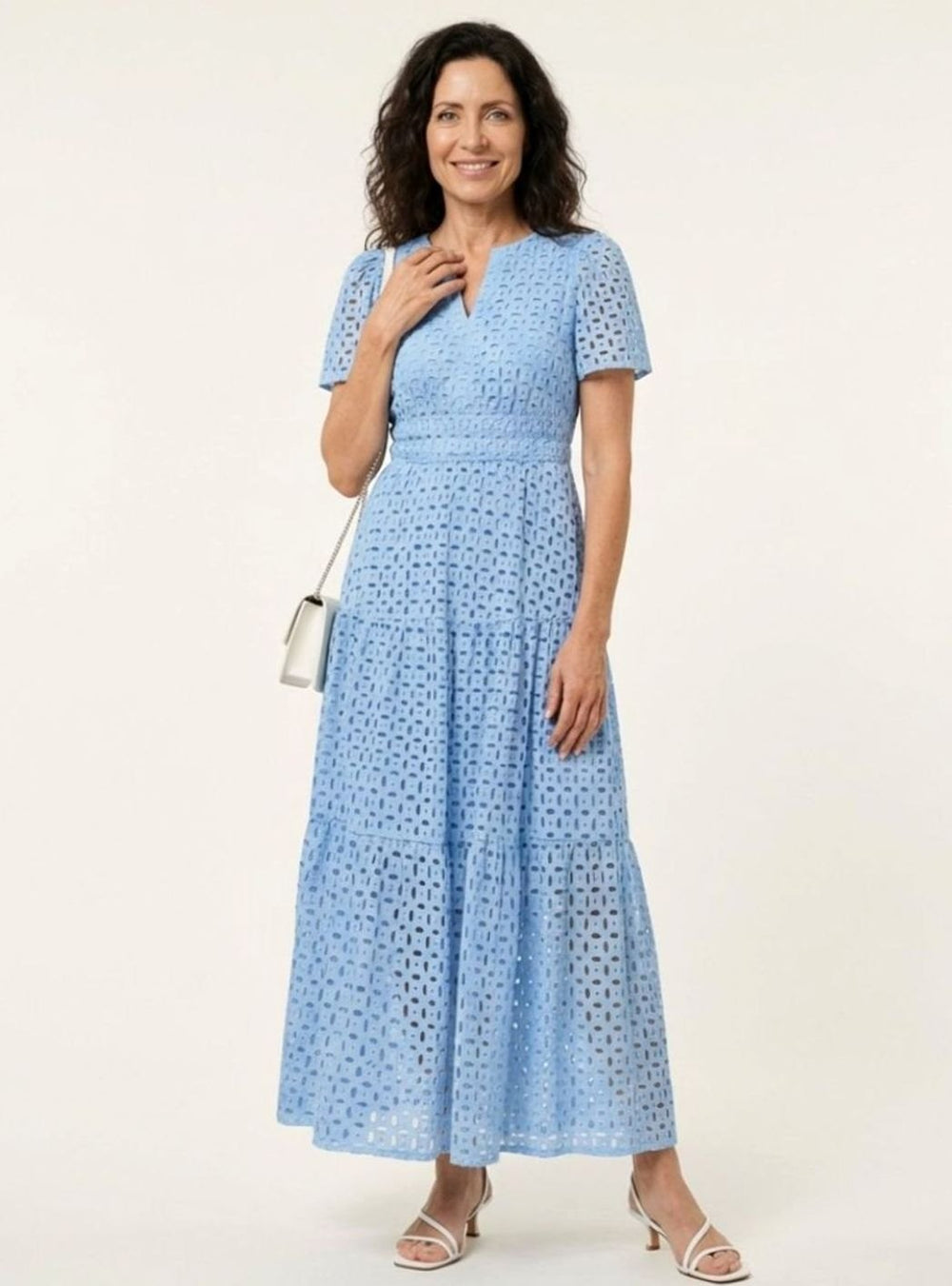 Women's Broderie Anglaise Smocked-Waist Tiered Midi Dress