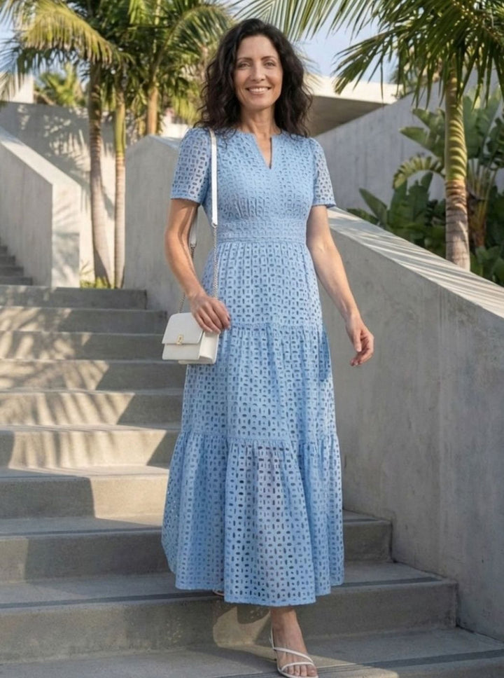 Women's Broderie Anglaise Smocked-Waist Tiered Midi Dress
