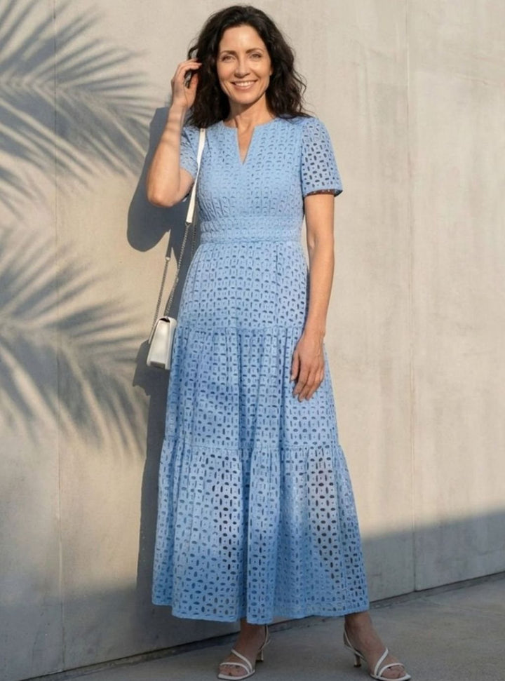 Women's Broderie Anglaise Smocked-Waist Tiered Midi Dress