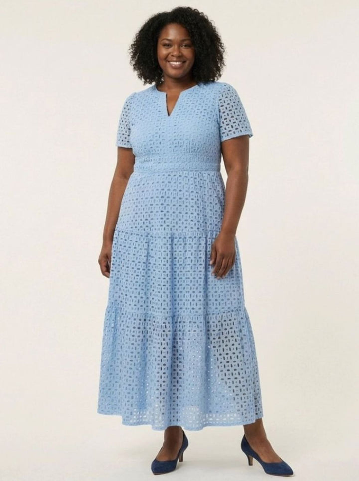 Women's Broderie Anglaise Smocked-Waist Tiered Midi Dress, Sky Blue