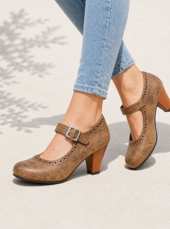 Women's Brogue Mary Jane Block-Heel Buckle Strap Pumps