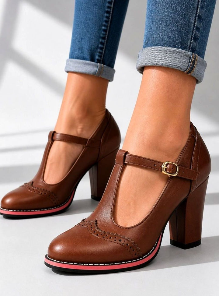 Women's Brogue T-Bar Block-Heel Court Shoes