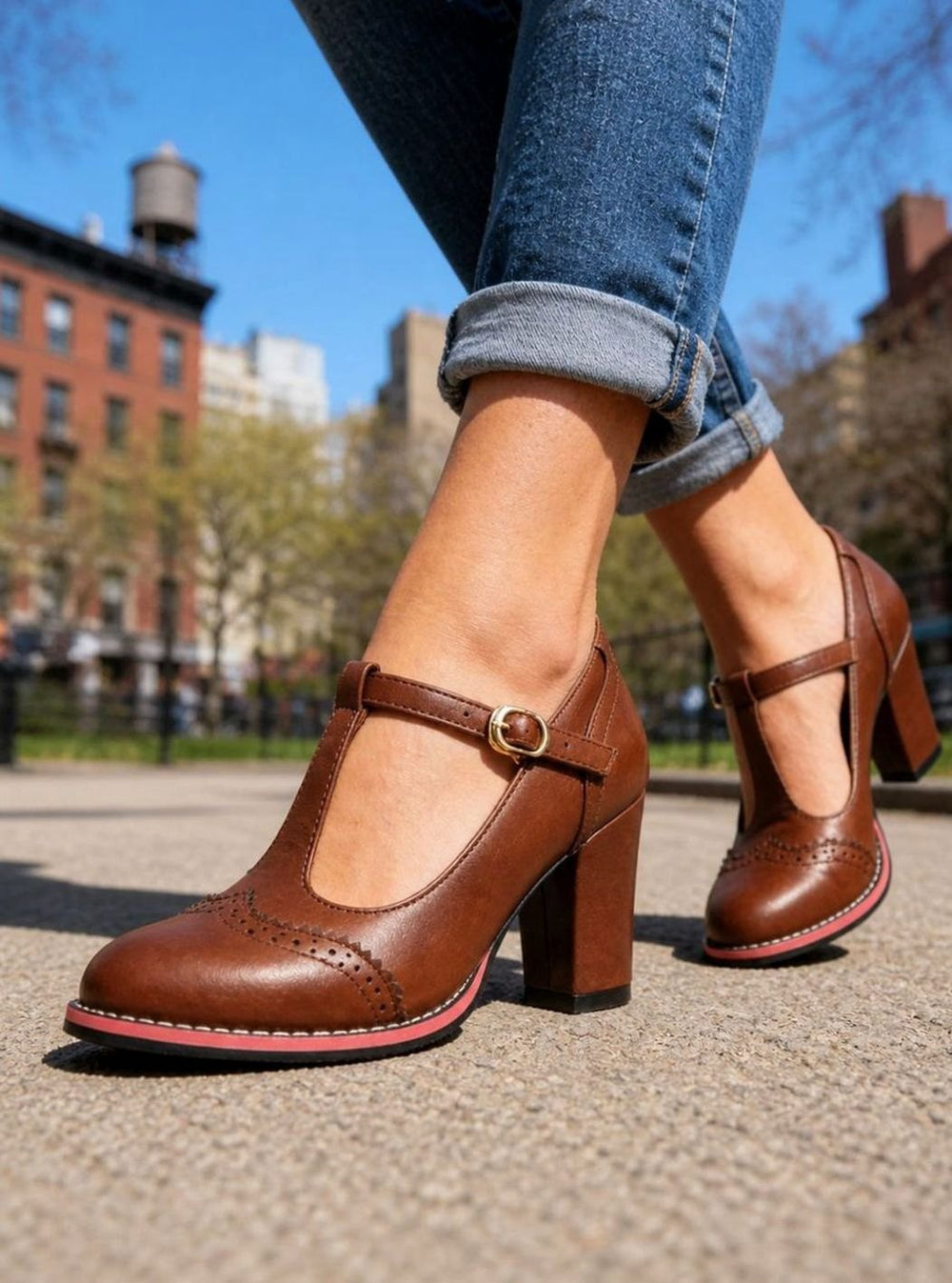 Women's Brogue T-Bar Block-Heel Court Shoes