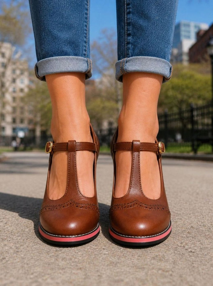 Women's Brogue T-Bar Block-Heel Court Shoes
