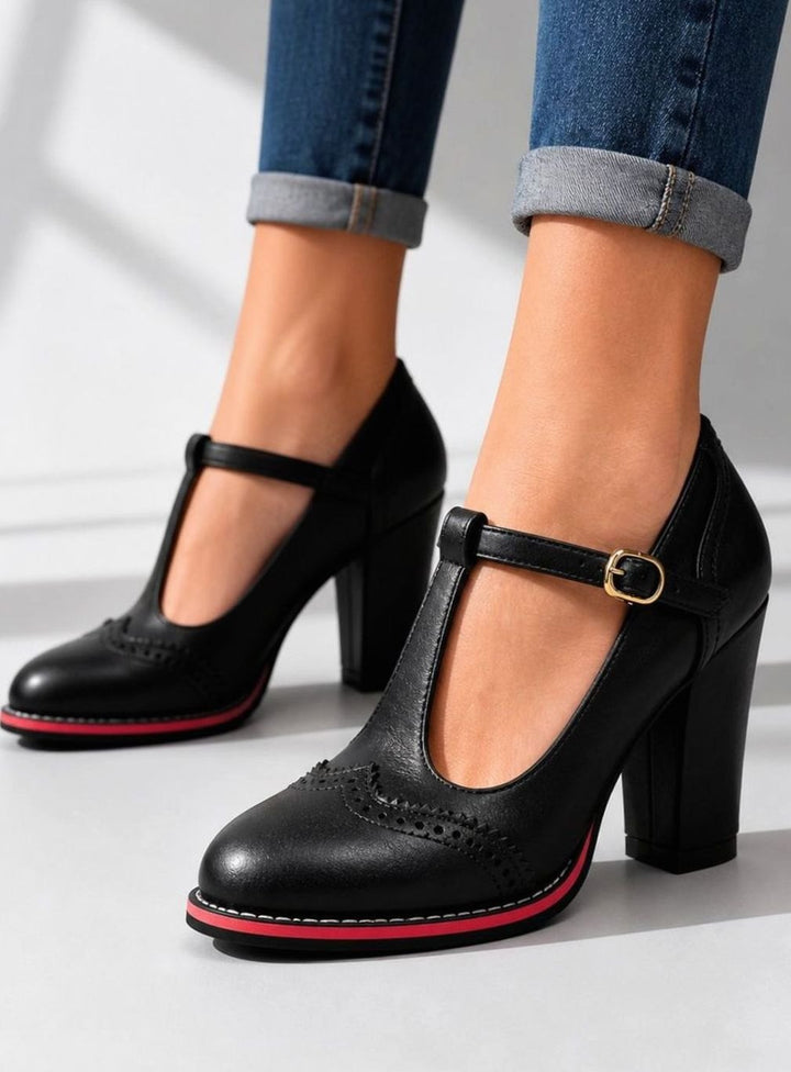 Women's Brogue T-Bar Block-Heel Court Shoes