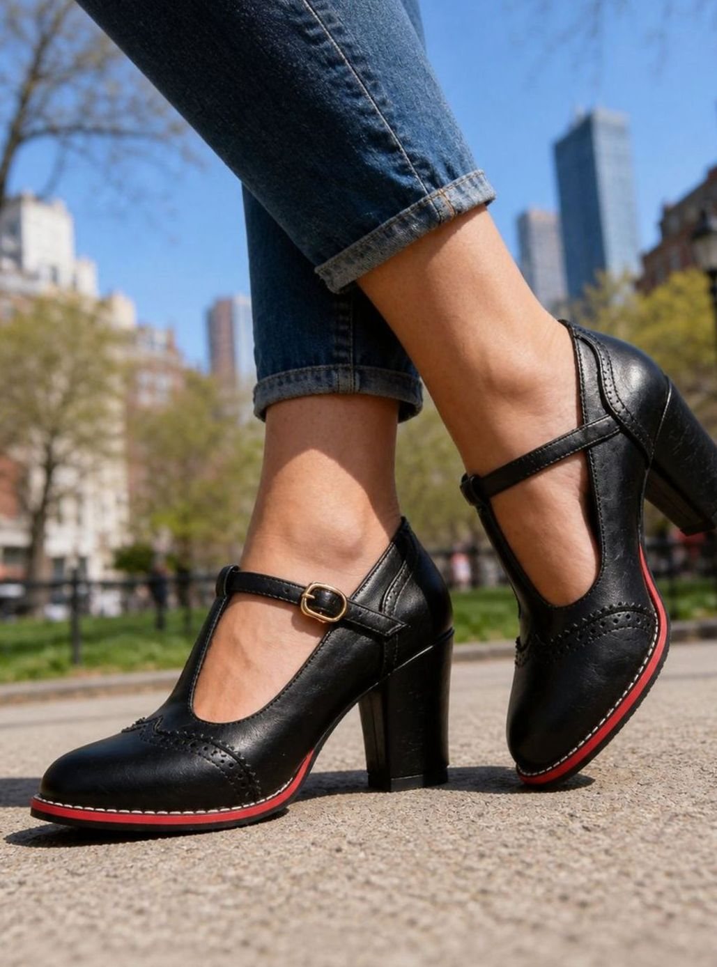 Women's Brogue T-Bar Block-Heel Court Shoes