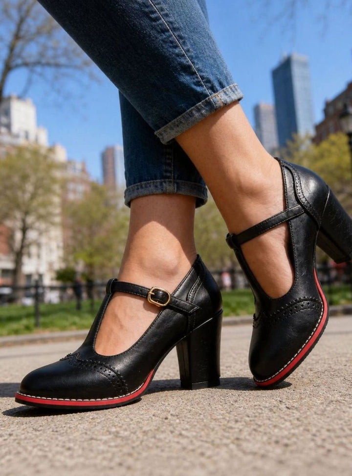 Women's Brogue T-Bar Block-Heel Court Shoes