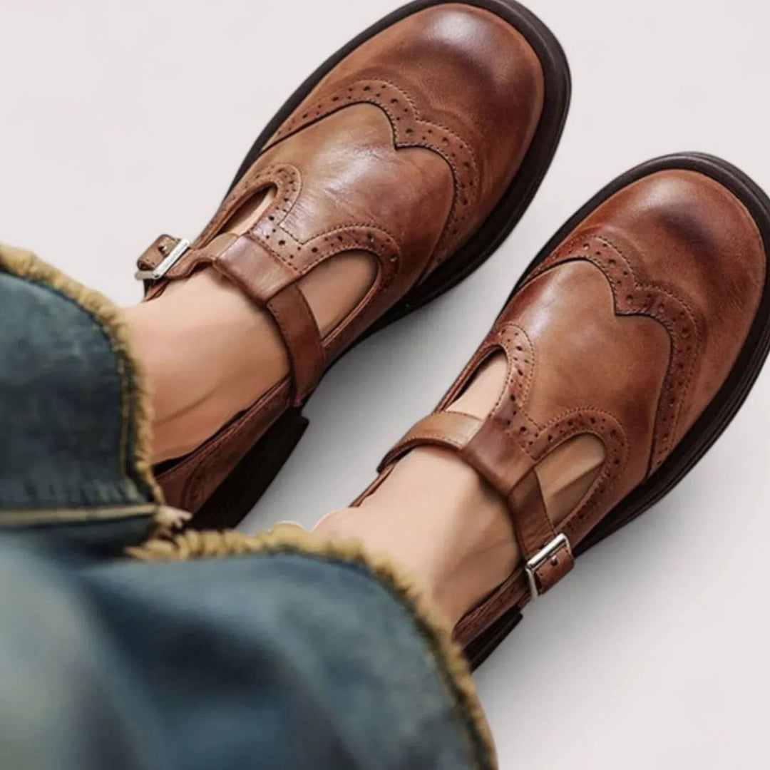 Women's Brogue T-Bar Mary Jane Orthopedic Flat Shoes - Brown