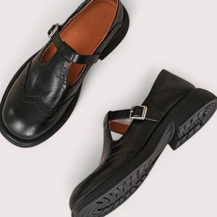 Women's Brogue T-Bar Mary Jane Orthopedic Flat Shoes - Black