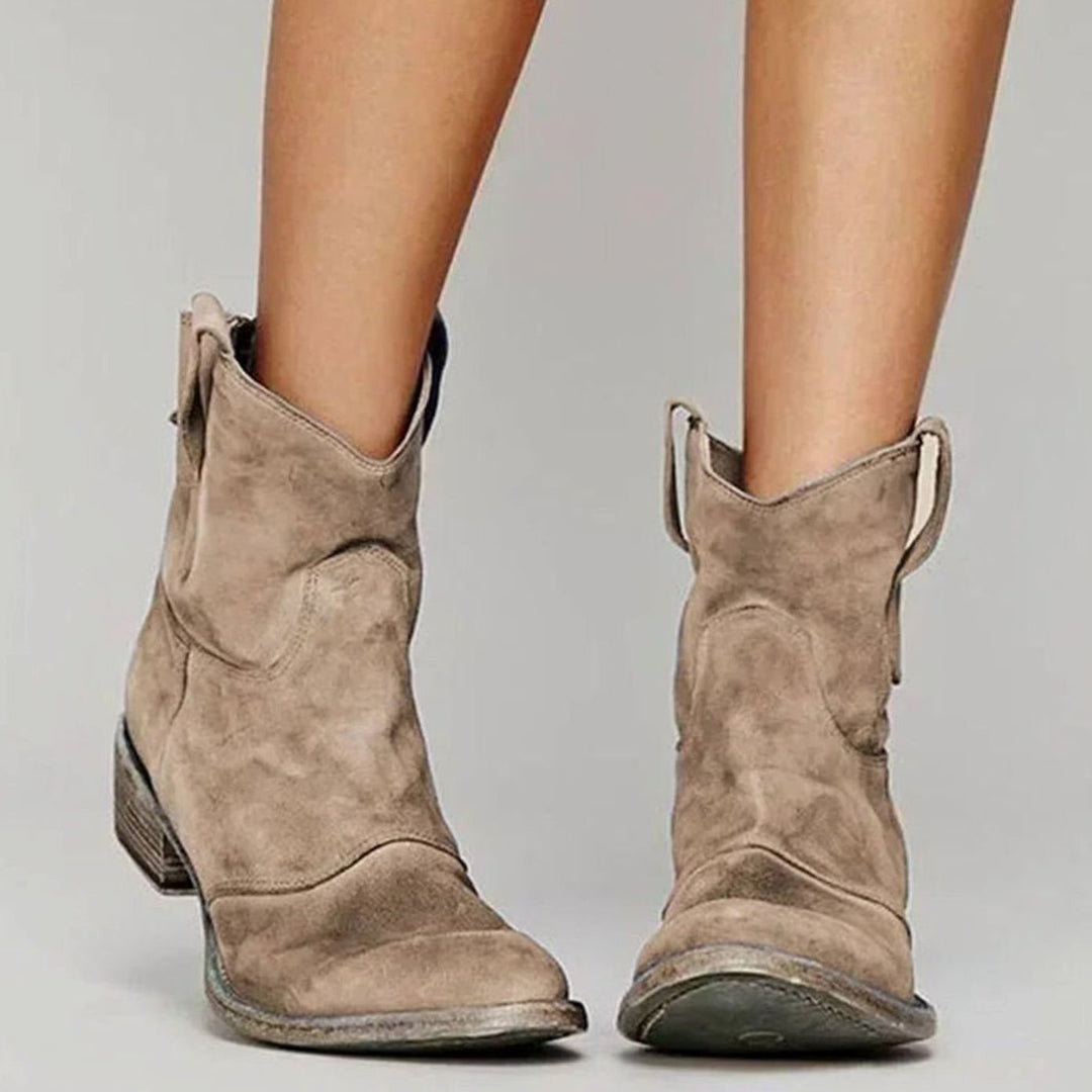 Women's Brown Suede Ankle Boots Western Block-Heel Cowboy Style - Brown