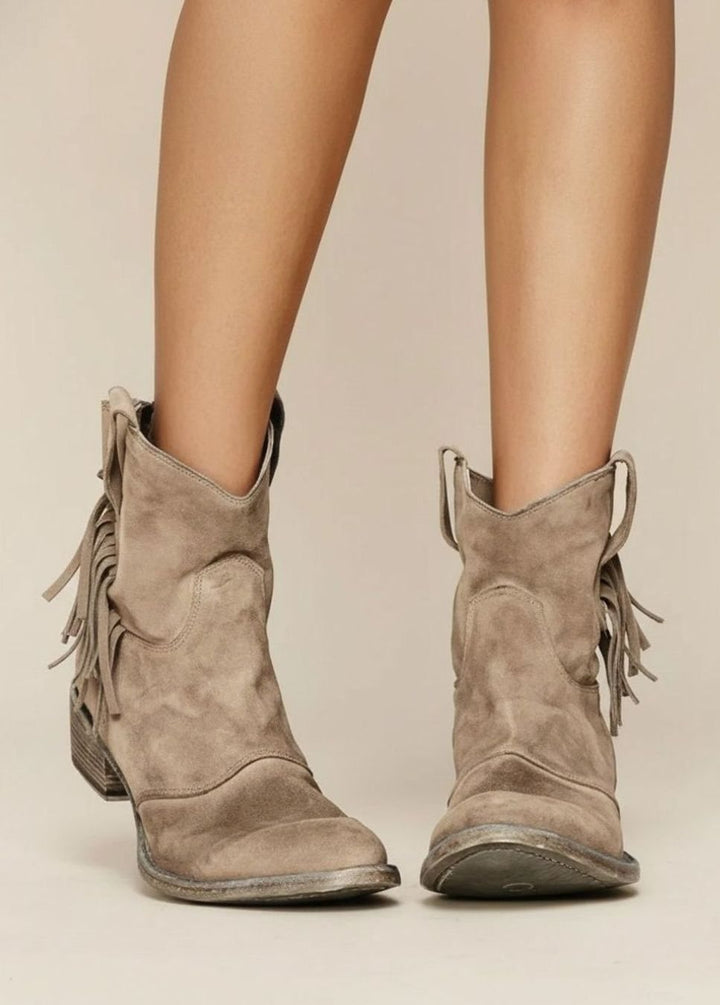 Women's Brown Suede Ankle Boots Western Block-Heel Cowboy Style