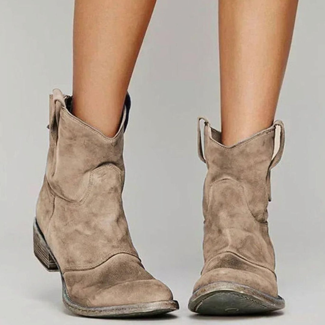 Women's Brown Suede Ankle Boots Western Block-Heel Cowboy Style